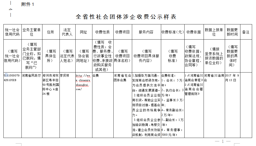 公示——河南省川渝商会收费公示样表